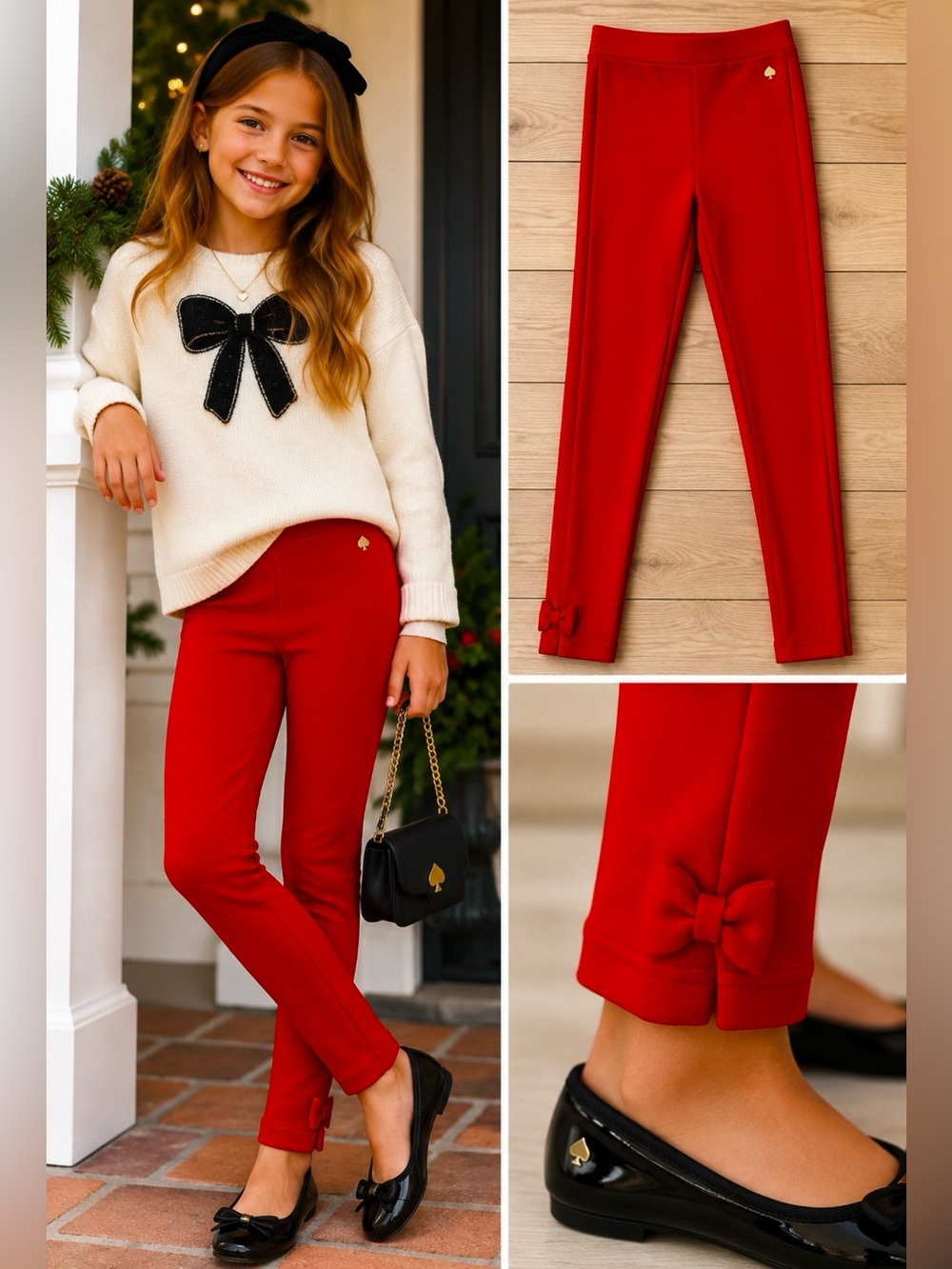 Kate Spade Girls Red Ponte Knit Bow Ankle Pull On Leggings Pants Size M💛🎀